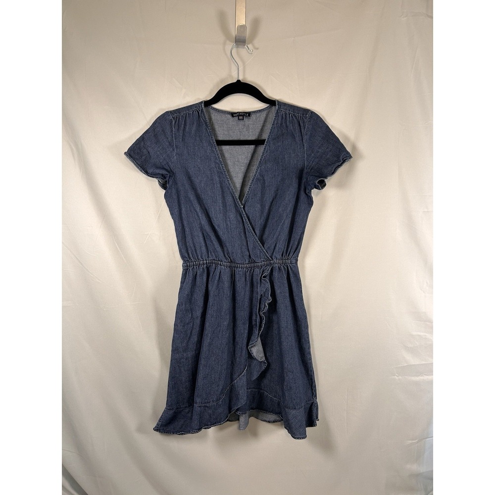 J Crew Mercantile Womens XXS Denim Dress Ruffle Trim Elastic Waist Cottage‎ Blue